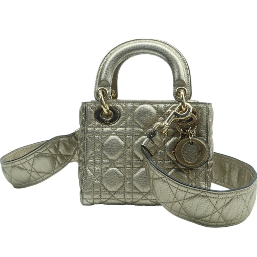 100% Authentic DIOR Lady Gold Leather Satchel Bag - Picture 1 of 12
